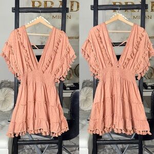 Z&L Europe Blush Pink Plunge Neck Tassel Mini Dress Cotton Boho Cover Up Small